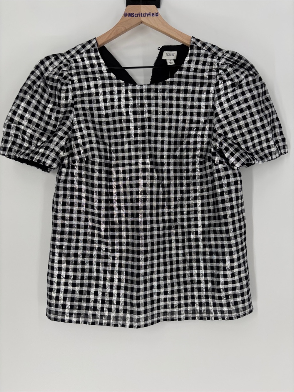 J.Crew Metallic Gingham Puff Sleeve Top black silver new small